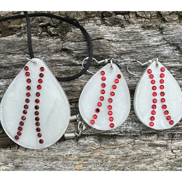 Cute Baseball Epoxy And Rhinestone Necklace  With Matching Earrings Jewelry Set - Picture 2 of 9